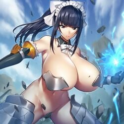 1girls ai_generated armor_break black_hair brutoaimage convenient_censoring huge_breasts maid maid_headdress narberal_gamma overlord_(maruyama) ponytail ribbon solo