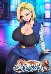 1girl absurdres ai_assisted ai_generated android_18 anime anime_style attractive beautiful beautiful_eyes beautiful_lighting belt best_quality blonde_hair blue_eyes breasts chebybelya cinematic_lighting curvy cute deep_skin denim denim_jacket detailed detailed_face detailed_skin digital_art dragon_ball earrings high_quality high_resolution highres huge_breasts jewelry large_breasts looking_at_viewer masterpiece pantyhose patreon patreon_username perfect_body sexy sharp_focus shirt short_hair signature sitting skirt slim_waist smile soft_lighting soft_shading solo stylized thick_thighs toned very_aesthetic vibrant_colors watermark wide_hips