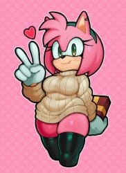 2d 2d_(artwork) 2d_artwork amy_rose belly_bulge big_boobies big_breasts big_titties blush breasts champchidi chubby chubby_female curvaceous curvaceous_figure curvy_female diadem eyelashes fangs freckles freckles_on_face gift_box gift_wrapped gloves green_eyes hearts_around_head large_breasts pierced_ears piercing sega smiling sonic_(series) sonic_the_hedgehog_(series) stockings stockings_thigh_highs sweater sweater_only thick thick_butt thick_hips thick_thighs thighhighs thighs tummy tummy_bulge valentine's_day