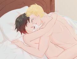 1boy 1boy1girl 1girls artist_signature bedroom_sex belly_button blonde_hair blue_eyes covered_chest embrace jaune_arc man_on_top missionary_position red_hair romantic ruby_rose rwby seshirukun silver_eyes straight vaginal_penetration