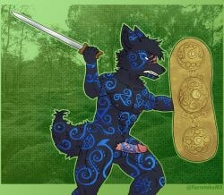 absurd_res anthro balls black_body black_fur black_nose bodypaint canid canine canis celtic cheek_tuft collarbone efradraws erection facial_scar facial_tuft fangs fur genitals growling halftone hi_res huge_filesize inner_ear_fluff male mammal melee_weapon nipples nude nude_male pecs penis scar shield solo sword teeth tuft weapon wolf