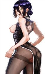 ai_assisted ass back_view breasts chainsaw_man chinese_clothes choker dress pantyhose plushyplant pussy reze_(chainsaw_man) smile white_background