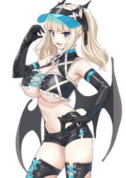 big_breasts blonde_hair curvy demon_girl demon_wings hand_on_hip huge_breasts long_gloves looking_at_viewer michihasu original pale-skinned_female pale_skin purple_eyes shorts twintails