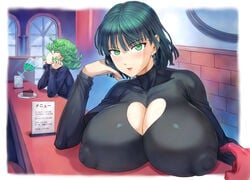 2girls breasts cleavage cleavage_cutout esper_sisters female female_focus fubuki_(one-punch_man) green_eyes green_hair huge_breasts looking_at_viewer mogudan multiple_girls nipple_bulge nipples_visible_through_clothing one-punch_man saitama sisters tatsumaki