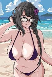 1girls apoelayoshi7 beach big_boobs big_breasts big_tits bikini boobs breasts cloud elsa_granhilte female glasses navel purple_pupils re:zero_kara_hajimeru_isekai_seikatsu sea thick_thighs thighs tits woman
