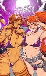 2girls abs belly_button belt belt_buckle big_breasts bikini bikini_bottom bikini_top blue_eyes breasts british british_female cat_girl cat_tail catgirl elsa_bloodstone female female_only fit fit_female fur furry_female ginger ginger_female ginger_hair green_eyes greer_nelson groin llamaboy marvel marvel_comics orange_body orange_fur orange_hair orange_skin pointy_ears ponytail small_bikini stomach stripes tail thick_thighs thighhighs thighs tigra toned toned_female
