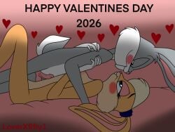 1boy 1boy1girl 1girls bed bedroom blonde_hair blue_eyes bugs_bunny bunny_boy bunny_girl couple couple_love eyelashes fully_nude gloves lola_bunny looking_at_another looney_tunes naked naked_female nude nude_female penis ponytail ponytail_ears rabbit space_jam valentine's_day warner_brothers