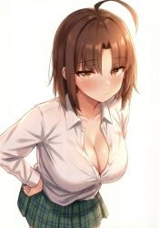 ahoge anime big_breasts blush breasts brown_eyes brown_hair busty button_gap censored cleavage clothes_tight collared_shirt curvy ecchi female female_only green_skirt hands_on_hips huge_breasts leaning_forward lollololli looking_at_viewer open_shirt oppai plaid_skirt school_uniform short_hair simple_background solo tagme thick tight_shirt unbuttoned upper_body voluptuous white_background white_shirt