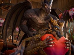 4:3 anthro arched_back back_wings big_dom_small_sub blizzard_entertainment blush bookshelf bronze_scales claws dominant dominant_male dracthyr dragon duo ethart european_mythology feet fin from_behind_position furniture grabbing_from_behind grin heart_symbol hi_res holding_horn holidays horn larger_male looking_back looking_pleasured male male/male membrane_(anatomy) membranous_wings muscular mythological_creature mythological_scalie mythology oriont pillow pinned pushing_down raised_tail scales scalie scar sex size_difference smile tail talons toes tongue tongue_out valentine's_day warcraft western_dragon wings world_of_warcraft yellow_eyes