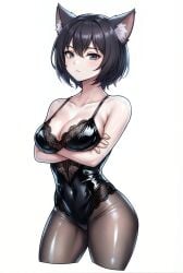animal_ears anime arms_crossed big_breasts black_bodysuit black_hair black_pantyhose bodysuit busty cat_ears censored curvy ecchi expressionless female female_only grey_eyes hips huge_breasts lace latex legs lingerie lollololli looking_at_viewer nekomimi oiled_skin oppai pantyhose see_through shiny_clothes shiny_skin short_hair simple_background solo thick thighs voluptuous white_background wide_hips