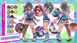 bandage big_breasts bracelet choker clothing decoration female frog hairpin hairpins hyperpop idol multicolored_hair neon_harper nonbinary overalls ponytail reference_sheet sfw shoes tan_body tan_skin thick_thighs virtual_youtuber
