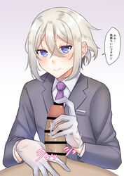 2boys blue_eyes collared_shirt commentary_request dark-skinned_male erection eyebrows_visible_through_hair eyelashes fate/grand_order fate_(series) femboy gao_changgong_(fate) gloved_handjob gloves gradient gradient_background grey_gloves hair_between_eyes handjob highres interracial light-skinned_male long_sleeves looking_at_viewer male_focus medium_hair motion_lines multiple_boys mzmz0424 necktie out_of_frame purple_background purple_neckwear shiny shiny_hair shirt sidelocks silver_hair smile sound_effects speech_bubble suit_jacket translation_request white_background yaoi