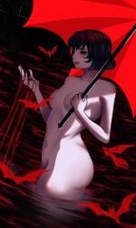 1girls 2026 aluc4rd ass bats big_ass black_hair blood breasts curly_hair deadlock female goth_girl hi_res mina_(deadlock) partially_submerged red_eyes short_hair side_view solo standing umbrella vampire vampire_bat vampire_girl