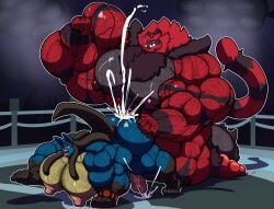 balls ballsack bobert fucking horny horny_expression horny_face hyper incineroar lucario muscles muscular muscular_male nintendo penis pokemon pokemon_(species) sex sexual_intercourse the_pokemon_company wrestling_ring