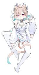 absurdres ahoge anal anal_object_insertion anal_tail animal_ears bird_girl blonde_hair blue_hair breasts cat_ears cat_girl cat_tail commentary commission detached_sleeves dress english_commentary enna_alouette enna_alouette_(anniversary_dress) fake_tail female flower full_body gradient_hair hair_flower hair_ornament head_wings heart heart-shaped_pupils heavy_breathing highres looking_at_viewer medium_hair mewraii multicolored_hair nijisanji nijisanji_en no_shoes object_insertion official_alternate_costume open_mouth purple_eyes purple_wings simple_background small_breasts solo symbol-shaped_pupils tail thighhighs virtual_youtuber wems white_background white_dress white_flower white_sleeves white_thighhighs wings