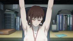 ai_edit ai_generated arms_up breasts brown_hair closed_eyes curvy edited_screencap female highres indoors jujutsu_kaisen lanyard large_breasts nipples nude nude_edit office saori saori_(jujutsu_kaisen) screencap shiny_skin sitting solo stretching stretching_arms tired voluptuous