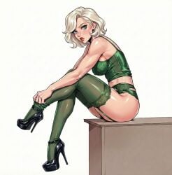 1female 1girl 1girls ai_generated blonde_hair blue_eyes censored corset eyebrows eyelashes eyes female female_focus female_only green_dress heels lingerie lollololli red_lips red_lipstick sexy sexy_body sexy_female sexy_pose short_hair simple_background sitting tagme white_background