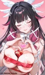absurdres ai_generated artist_name big_breasts black_hair blush breasts chocolate closed_eyes colored_inner_hair columbina_(genshin_impact) eye_mask female female_only genshin_impact gift heart heart_symbol hi_res high_resolution highres kitala large_breasts lips long_hair looking_at_viewer mask multicolored_hair naked_ribbon navel nude red_eyes red_ribbon ribbon ribbon_bondage sexy_pose simple_background smile solo valentine's_day very_long_hair