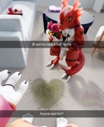 3d_(artwork) anthro bandai_namco blender_(artwork) bodily_fluids caption carpet digimon digimon_(species) digital_media_(artwork) duo female flowers_in_hand furniture genital_fluids genitals guilmon heart_symbol hi_res holidays humanoid_genitalia humanoid_penis inside looking_at_viewer male nude peeing_on_carpet penis piss_destruction potatotime renamon snapchat sofa urine urine_drip urine_on_ground valentine's_day watermark watersports