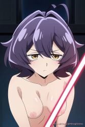 ai_generated battle_pose battle_stance black_hair breasts focused gushing_over_magical_girls hiiragi_utena lightsaber lightsaber_hilt lv99slime magia_baiser mahou_shoujo_ni_akogarete medium_breasts naked naked_female nipples nude nude_female red_lightsaber sith