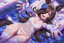 ai_generated animal_ears animal_tail black_hair blue_flower blue_rose blush choker female flower footwear garter_straps gluteal_fold hair_over_one_eye horse_ears horse_girl horse_tail jewelry legwear lingerie long_bangs long_hair looking_at_viewer medium_breasts naticai pendant_choker public purple_eyes rice_shower_(umamusume) solo umamusume umamusume_pretty_derby wedding wedding_dress wedding_lingerie wedding_veil white_lingerie white_panties