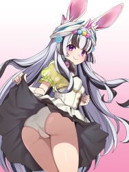 1girl animal_ears ass black_hair breasts clothes_lift dress fire_emblem fire_emblem_engage fire_emblem_heroes from_behind gradient_background hair_ornament highres lifting_own_clothes long_hair looking_back multicolored_hair nintendo official_alternate_costume panties pink_background presenting_own_ass presenting_own_body purple_eyes rabbit_ears skirt skirt_lift small_breasts smile solo thighs two-tone_hair underwear upskirt veyle_(fire_emblem) white_panties yotubeya