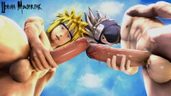 2boys 3d 3d_(artwork) bara blonde_hair blue_eyes cum gay hatake_kakashi holding_penis large_penis looking_down male male/male male_only masked muscular_male namikaze_minato naruto naruto_(series) naruto_shippuden nude silver_hair source_filmmaker uchihamindfreak uncensored yaoi