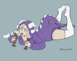 abdl artist_name diaper diaper_fetish diaper_under_clothing dragon_costume female floofnfluff hood laying_on_stomach legs_up onesie playing_with_toys pupilless_eyes purple_clothing simple_background solo solo_female toys wearing_diaper white_hair