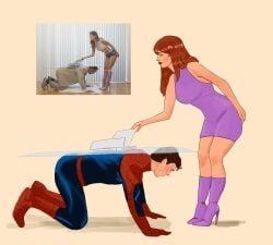 1boy 1boy1girl 1female 1girls 1male all_fours boots daredva dominant dominant_female fashion fashion_model fashionista female female/male femdom gentle_femdom high_heel_boots high_heels hourglass_figure hourglass_figured_female kneeling_on_ground legs lipstick long_legs male male/female married married_couple married_female married_male married_woman marvel marvel_comics mary_jane_watson milf older_female older_male peter_parker purple_boots purple_dress red_hair red_lipstick redhead_female redhead_hair redhead_milf redheaded_female spider-man spider-man_(series) tight_clothes tight_clothing tight_dress