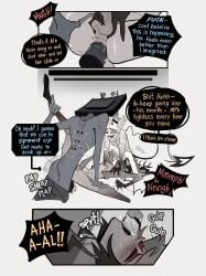 3boys alastor_(hazbin_hotel) anal anal_penetration anal_sex animal_ears antennae_(anatomy) antlers ass balls big_penis blue_body butt chest_tuft comic craxkers demon double_penetration english english_text gay gills grabbing hazbin_hotel hooves horns long_tail lucifer_morningstar_(hazbin_hotel) missionary_position oral oral_sex penis rough_sex simple_background speech_bubble tail threesome tv_head vox_(hazbin_hotel) yaoi