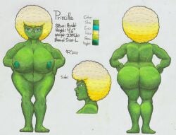 afro ass big_breasts big_butt blonde_hair breasts eyewear female forehead_gem gem glasses green_body green_skin hair hi_res model_sheet nipples nude peridot_(gem_species) priscilla_(darkrex) remaninglife shortstack solo traditional_media_(artwork)