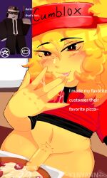 belly_button bottomless chance_(forsaken) chubby_male cum cum_on_food cum_string cumshot elliot_(forsaken) english_text facetime forsaken_(roblox) licking_cum male_only penis pizza pubic_hair roblox roblox_game robloxian self_upload simple_background solo solo_focus text thick_thighs visor watermark work_at_a_pizza_place yaoi yellow_hair yellow_skin yinyann