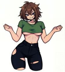 anime bare_midriff big_breasts black_shorts blue_eyes brown_hair busty censored clenched_hands crop_top curvy ecchi female female_only green_shirt hands_up hips huge_breasts jeans lollololli looking_at_viewer messy_hair midriff navel oppai pose ripped_clothing ripped_shorts short_hair short_shirt simple_background smile smirk solo standing thick thighs underboob voluptuous white_background