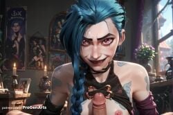 1boy 1boy1girl 1girls ai_generated arcane arm_tattoo artist_name bare_shoulders biting_own_lip blue_hair braid breasts candle female grin hi_res indoors jinx_(league_of_legends) league_of_legends long_hair looking_at_viewer netflix nipples paizuri penis pink_eyes portrait_(object) pov progenarts riot_games shoulder_tattoo smile solo_focus straight tattoo teeth twin_braids uncensored veins veiny_penis web_address window