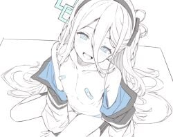 aqua_eyes aqua_panties aris_(blue_archive) bandaid bandaids_on_nipples black_hairband blue_archive blue_halo blush female flat_chest from_above hair_between_eyes hairband halo jacket long_hair looking_at_viewer navel open_mouth osanai_sanday panties partially_colored pasties sitting smile solo stomach underwear