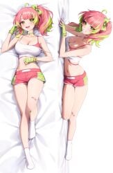 1girls absurdres ahoge akabino bandaid bandaid_on_leg bow bra breasts choker cleavage dakimakura_(medium) facial_mark female fingerless_gloves gloves green_choker green_eyes green_gloves green_hair heart heart_facial_mark highres indie_virtual_youtuber large_breasts legs lying navel on_back open_mouth pink_bra pink_hair ponytail shorts smile socks sports_bra sportswear thighs toma_(vtuber) underwear virtual_youtuber vtuber