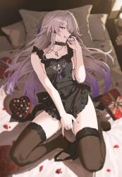 absurdres apron black_panties black_thighhighs box breasts chocolate closed_mouth commentary female female_masturbation fingering fingernails from_above gift gift_box gradient_hair grey_hair hand_up heart-shaped_box herta_(honkai:_star_rail) highres honkai:_star_rail honkai_(series) jewelry key key_necklace lace-trimmed_thighhighs lace_trim looking_at_viewer lying masturbation multicolored_hair nail_polish naked_apron necklace no_shoes nvl on_back on_bed panties panties_around_one_leg panty_pull petals pillow purple_eyes purple_hair purple_nails pussy_juice_stain red_petals sideways_glance small_breasts smile solo the_herta_(honkai:_star_rail) thighhighs thighs turning_head twitter_username underwear