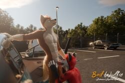 3:2 3d_(artwork) 5_fingers absurd_res animal_genitalia animal_penis anthro balls biped black_claws black_nose blender_(artwork) blender_cycles_(artwork) blue_eyes brown_body brown_fur canid canine canine_genitalia canine_penis canis car claws day detailed_background digital_media_(artwork) digitigrade dodge_challenger domestic_dog duo fellatio fingers fluffy fur genitals gloves_(marking) grass hair hi_res kneeling knot knot_root license_plate male male/male male_anthro mammal markings mutt_(wagnermutt) nude oral oral_penetration outside parking_lot pawpads paws penetration penile penis penis_in_mouth plant public public_sex realistic red_(red_wulfie) red_body red_fur red_wulfie sex sheath sky street_lamp sun tail tree vehicle watermark whiskers white_body white_fur white_whiskers wolf