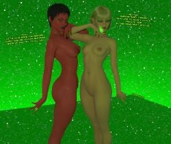 2girls 3d alien_girls arisia_rrab black_hair blonde_hair character_mentioned dc_comics dialogue green_background green_lantern green_lantern_(series) green_lantern_corps inminent_sex knockkale naked_females orange_skin pink_skin playful_smile power_ring sluts soranik_natu