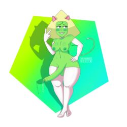 1futa alien animal_ears areolae avianaress balls breasts elbow_gloves fully_clothed futa_only futanari gloves green_skin horsecock humanoid humanoid_penis long_penis peridot_(steven_universe) peridotkitty precum precum_drip solo standing steven_universe thick_thighs thighhighs wide_hips