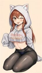 ai_generated animal_ear_hoodie anime big_breasts black_pantyhose black_tights blush brown_hair busty cat_ear_hoodie cat_ears catgirl censored crop_top curvy ecchi female female_only grey_hoodie hips hoodie huge_breasts kneeling lollololli long_hair midriff navel one_eye_closed oppai oversized_sleeves pantyhose sheer_legwear simple_background sitting sleeves_past_fingers solo text_on_shirt thick thighs tongue tongue_out underboob voluptuous white_background wide_hips wink yellow_eyes