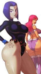 2girls absurd_res alien alien_girl alien_humanoid ass big_ass big_breasts boots breasts bubble_ass bubble_butt dc dc_comics fat_ass female female_only green_eyes high_heel_boots huge_ass jerkdibuja koriand'r large_breasts leotard long_hair multiple_females multiple_girls no_text no_text_version no_watermark purple_eyes purple_hair rachel_roth raven_(dc) red_hair self-conscious short_hair sparkles sparkling_ass standing starfire teen_titans teenager textless textless_version thick_thighs wide_hips