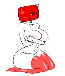 annoyed_expression blush countryhumans countryhumans_girl covering_breasts flawsy red_eyes red_stockings soviet soviet_flag soviet_russia soviet_union_(countryhumans)