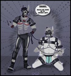 absurd_res anthro black_border boots border bottomwear bound canid canine canis chains chaos-reign chest_harness clothing cole_canine collar domestic_dog duo english_text fangs footwear harness hi_res husky leash leashed_collar leather leather_bottomwear leather_clothing leather_pants male male/male mammal muzzle_(object) muzzled nordic_sled_dog pants piercing shoes speech_bubble spitz teeth text
