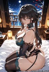 1girl ai_assisted ai_generated bangs bare_shoulders bed bed_sheet black_hair black_legwear blush breasts china_dress chinese_clothes cleavage closed_mouth crescent_moon curvaceous curvy curvy_female curvy_figure detached_sleeves earrings female full_moon garter_straps gloves hair_between_eyes hair_ornament honkai:_star_rail jewelry lantern large_breasts long_hair looking_at_viewer miyuai moon night night_sky on_bed paper_lantern pillow ruan_mei_(honkai:_star_rail) seiza sidelocks sitting sky solo star_(sky) starry_sky thick thick_ass thick_butt thick_hips thick_legs thick_thighs thighhighs thighs voluptuous voluptuous_female wide_hips wide_thighs