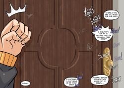 1boy 1girls emilia_(re:zero) implied_cheating implied_sex knocking_on_door natsuki_subaru netorare re:zero_kara_hajimeru_isekai_seikatsu tagme text tracksuit wacum