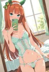 ai_generated bare_legs bare_shoulders bedroom belly_button blushed_face cameltoe cute_female green_lingerie holding_panties liltigerx lingerie orange_hair selfie silence_suzuka_(umamusume) small_breasts turquoise_eyes umamusume umamusume_pretty_derby undressing