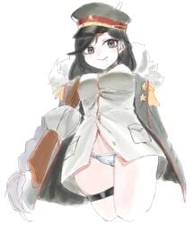 1girls big_breasts black_hair blush braid breasts cameltoe closed_mouth coat feet_out_of_frame female female_only general_liu_(girls'_frontline) girls'_frontline grey_eyes hat holding_weapon jacket large_breasts long_hair looking_at_viewer meshiya military_hat military_uniform panties rifle smile underboob