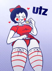 black_hair blush bow cameltoe dress dress_lift eating female female_focus female_only food food_play from_below light-skinned_female light_skin logo looking_up mascot panties short_hair slobbyslapper sssir sssir8 stockings striped_legwear thighhighs utz utz_girl