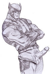 1boy biceps boner clothed erection exposed exposed_penis male male_only marvel marvel_comics monochrome muscular pecs penis solo thick_thighs uncut warwik wolverine_(x-men) x-men yaoi